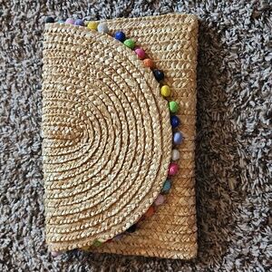 Shiraleah Chicago Woven Straw Rainbow Pompom Clutch